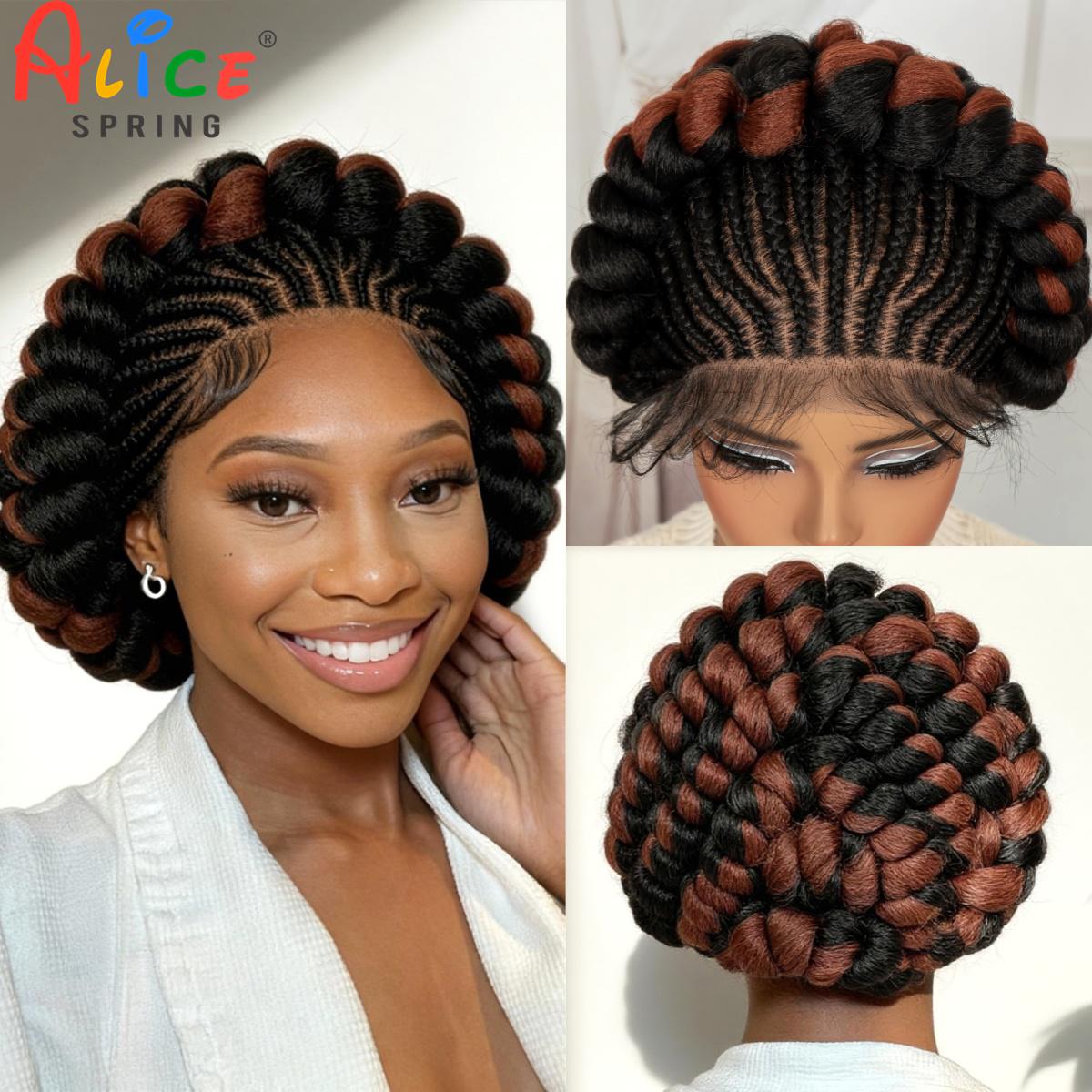 Synthetic Braided Wigs For Black Women - วิกผมถักเปียคอร์นโรว์ วิกผมสังเคราะห์แบบเต็มศีรษะ วิกผมถักเปียบันทูสีต่างๆ วิกผมถักเปียแบบไร้ปมธรรมชาติ พร้อมผมอ่อนบริเวณหน้าผาก สำหรับผู้หญิงผิวสี