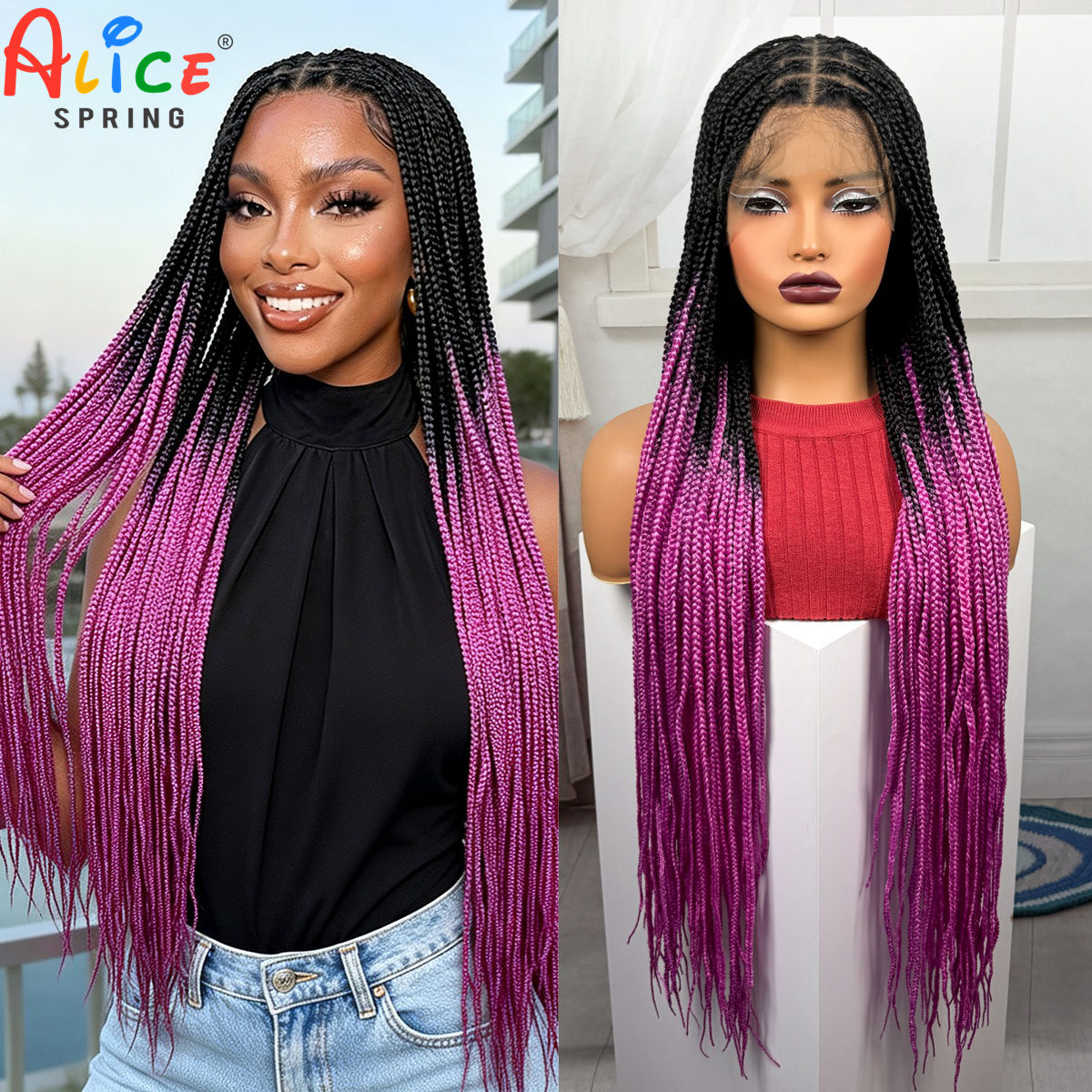 Synthetic Braided Wigs For Black Women - วิกผมถักเปียสีชมพูยาว 36 นิ้ว วิกผมถักเปียแบบไร้ปม วิกผมสังเคราะห์แบบเต็มศีรษะ พร้อมผมเบบี้แฮร์