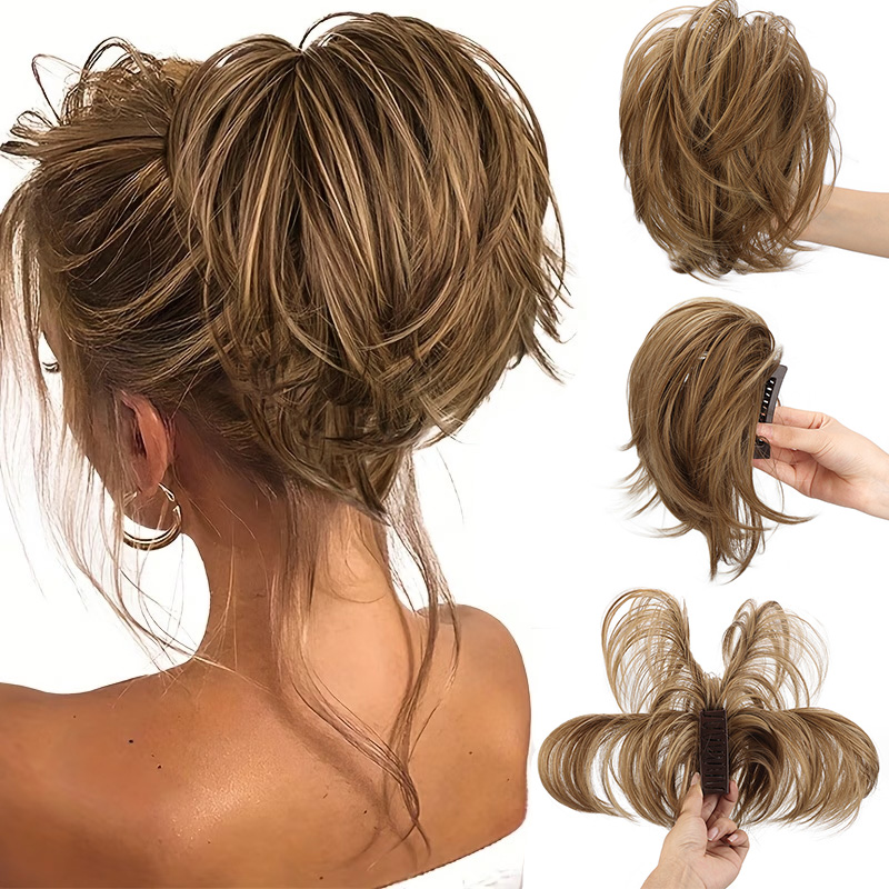 Claw Clip Messy Bun Hair Piece - ผมต่อหางม้าแบบกิ๊บหนีบสังเคราะห์ ดัดได้ ปรับได้ ทำเองได้ ทรงผมมวยยุ่งๆ ทำจากเส้นใยนุ่ม