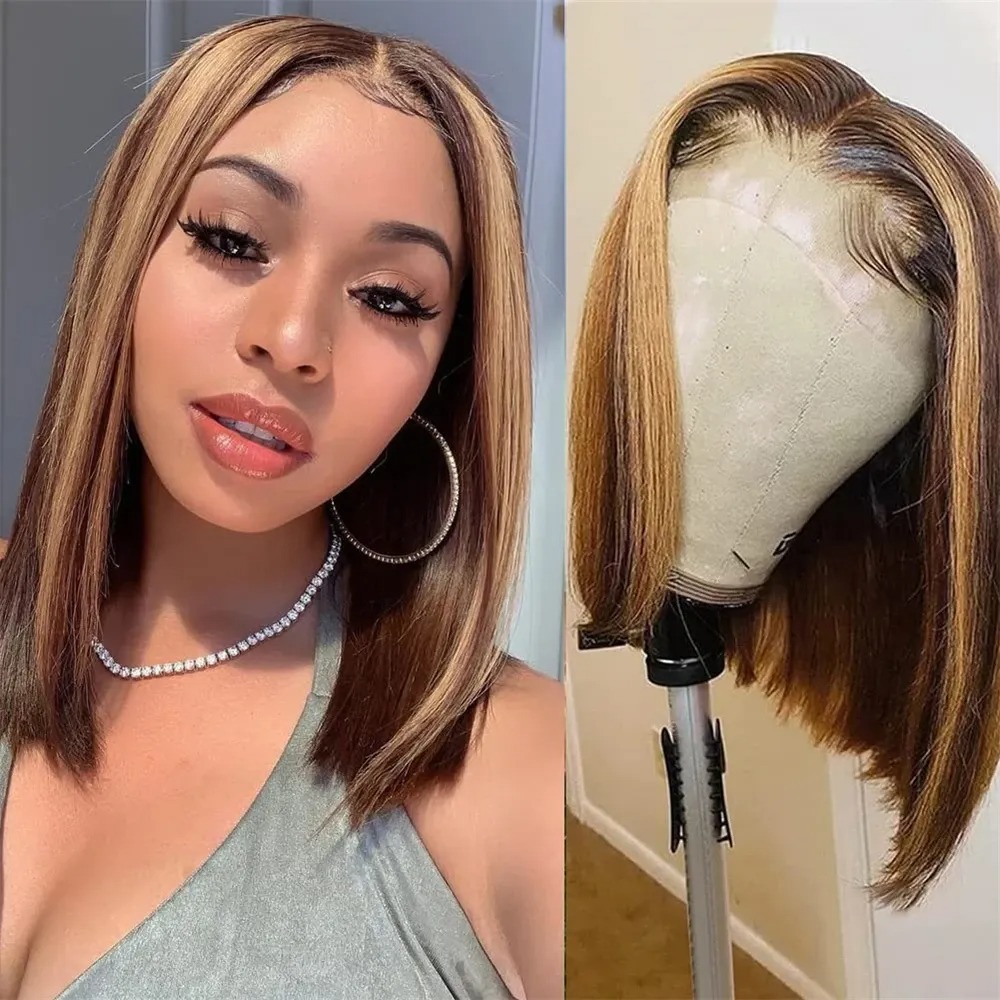 Pre Parted 13X4 Lace Front Bob Wig - วิกผมสั้นสีบลอนด์ไฮไลท์ วิกผมหน้าลูกไม้ 13x4 HD ทรงบ๊อบตรง วิกผมสังเคราะห์