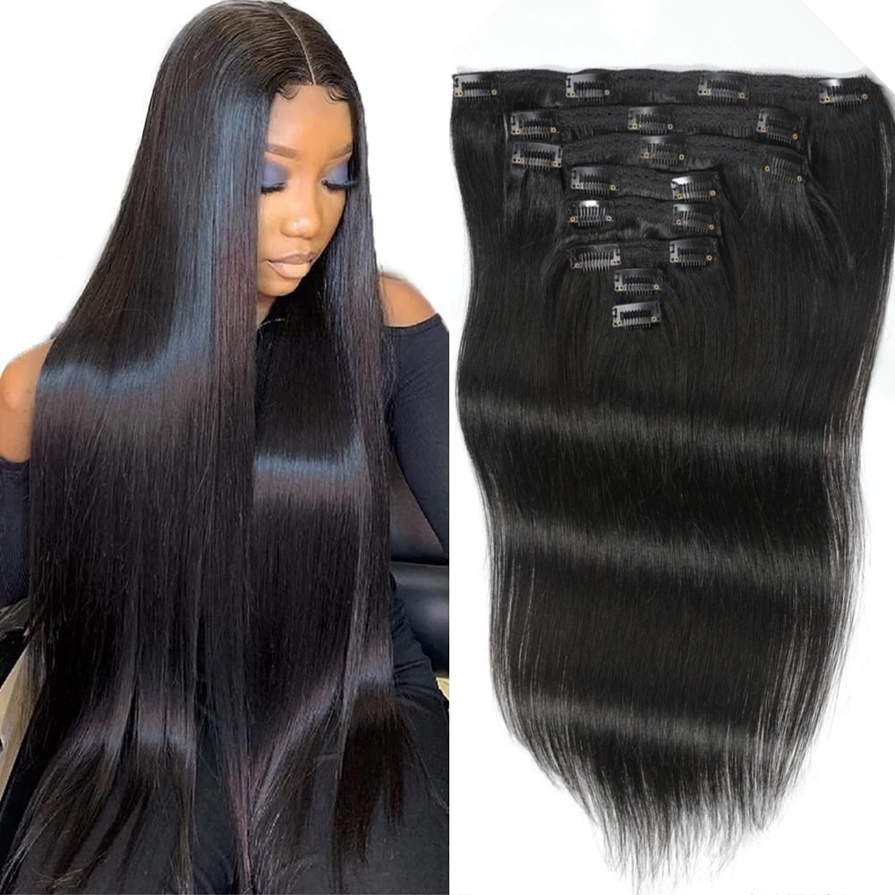 Seamless Clip In Hair Extensions Human Hair - ผมต่อแบบคลิป ผมตรง ผมแท้ สีดำธรรมชาติ ผมเรมี่ 8