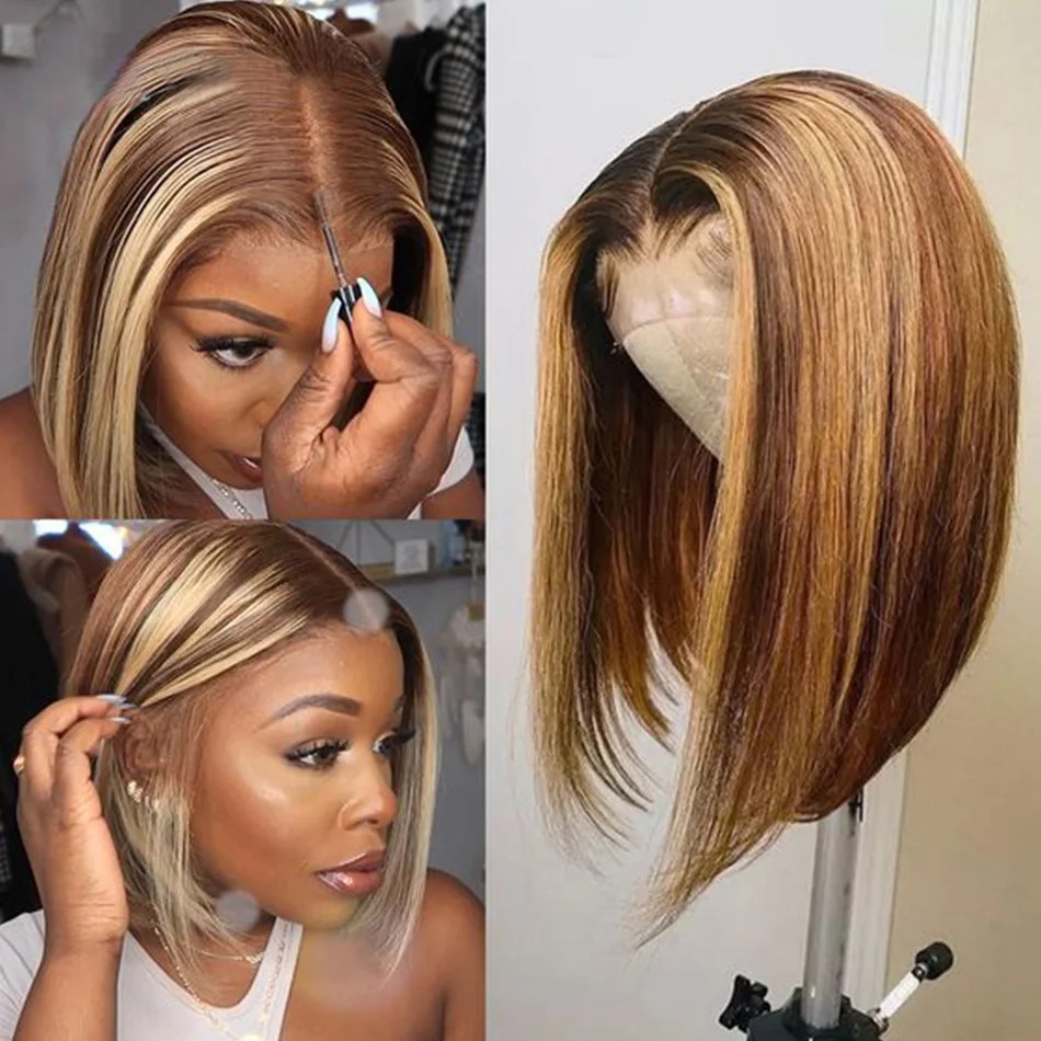 วิกผมสั้นสีบลอนด์ไฮไลท์ วิกผมห - Pre Parted 13X4 Lace Front Bob Wig บทวิจารณ์และราคา