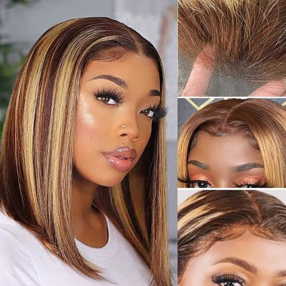 วิกผมสั้นสีบลอนด์ไฮไลท์ วิกผมห - Pre Parted 13X4 Lace Front Bob Wig บทวิจารณ์และราคา
